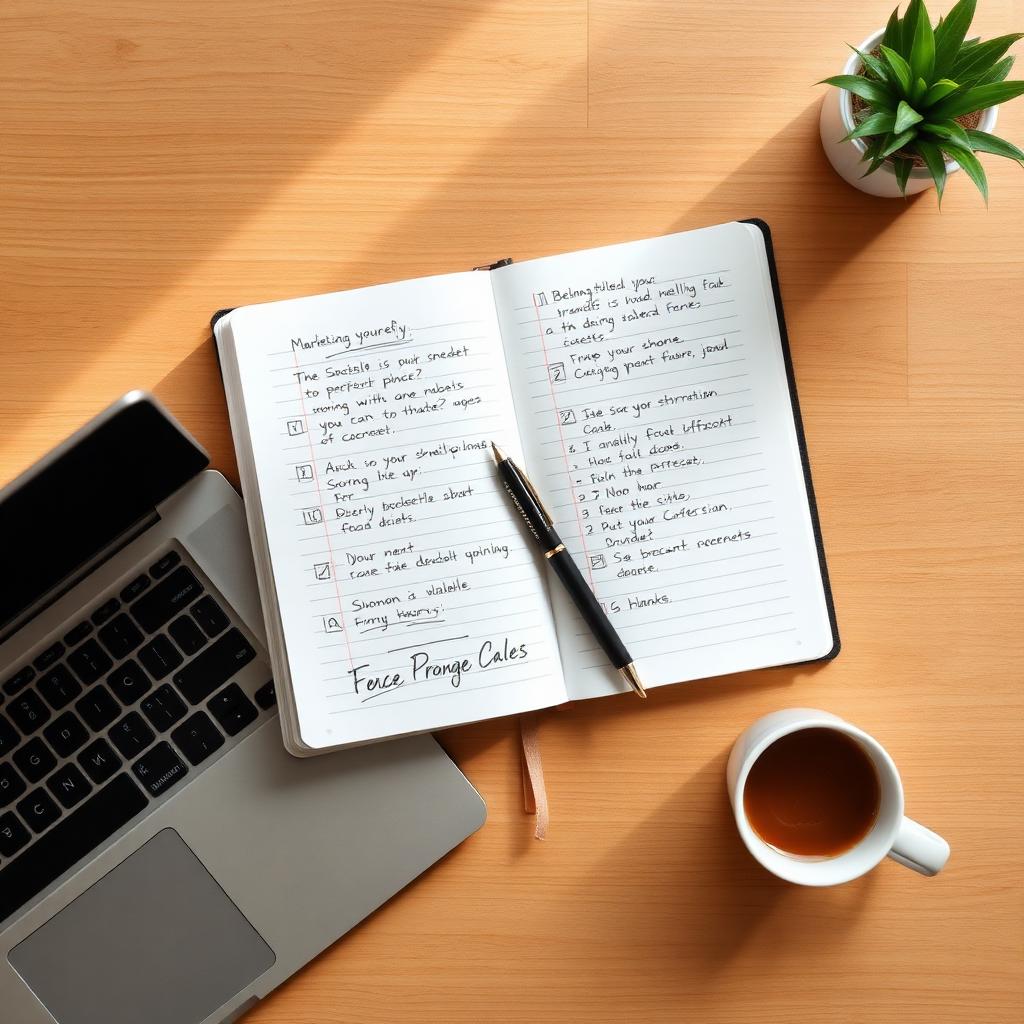 Open notebook with planning notes beside a laptop
