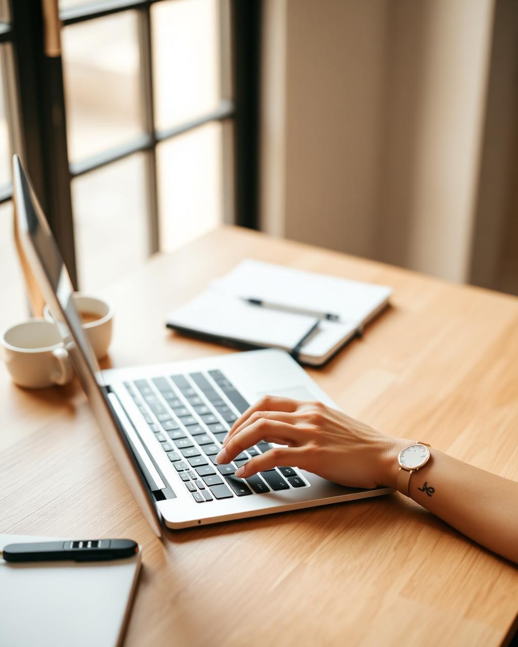 Hands typing on a laptop at a sunlit desk